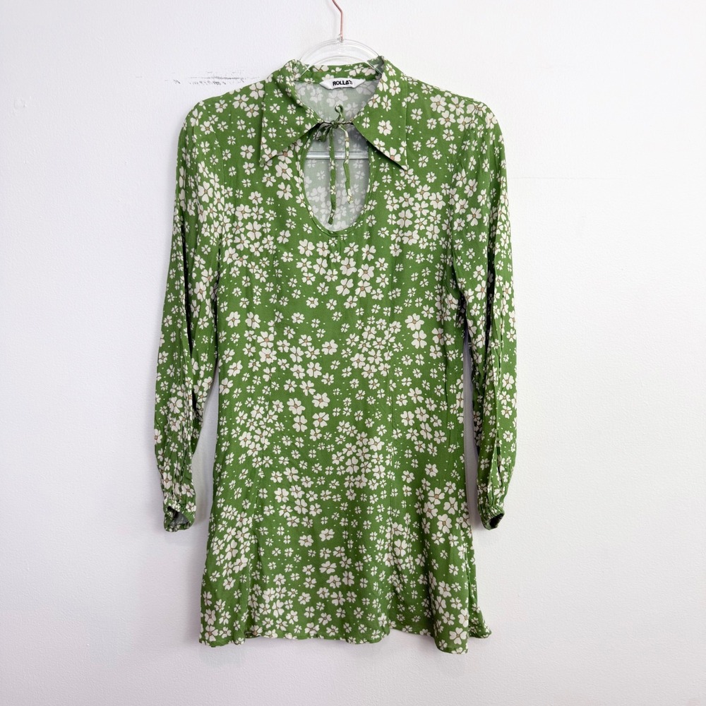 Rolla's Green Floral Mini Dress Long Sleeve Keyhole Tie Collar Size S